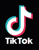 White, pink, and blue music note logo with the word TikTok on a black background