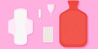 Image showing birth control, a pad, a tampon, a diva cup, and a hot water holder