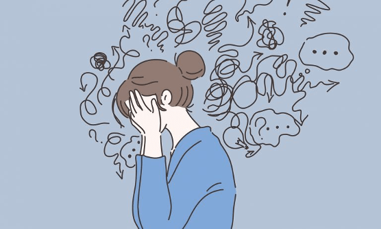 Illustration of a person with head in hands, covering their face. Scribbles and thought bubbles surrounding their body.