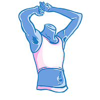 Blue and pink illustration of a headless body wearing a binder.