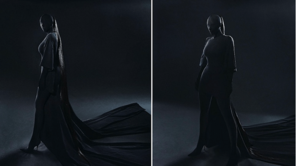 A duel photo of Kim Kardashian MET Gala look. Both photos exhibiting her outfit but from different angles. Kim is seen here wearing an all black outfit which coverers every inch of her from head to toe.