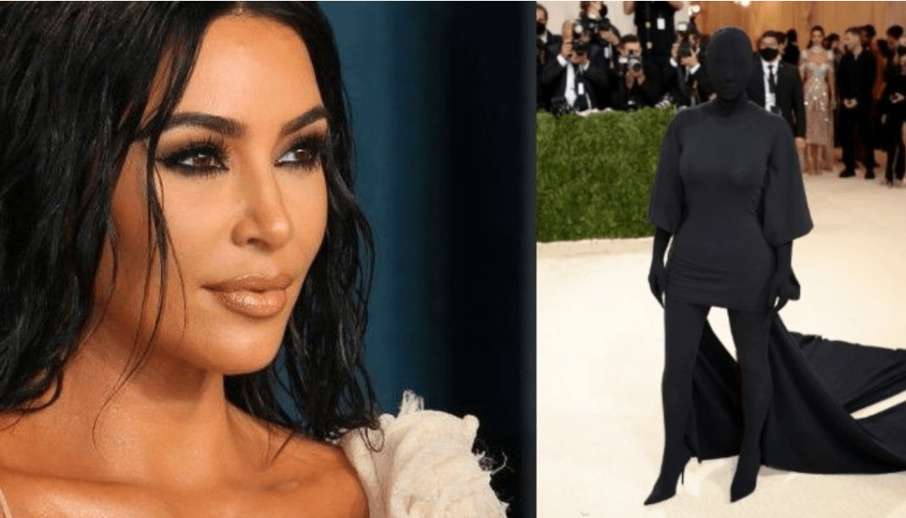 A collage of Kim Kardashian, the left photo exhibiting Kims face, with a full face of makeup. The photo to the right is Kim Kardashians MET gala outfit where she is dressed head to toe in all black. The cloth covering all of herself aside from her hair.
