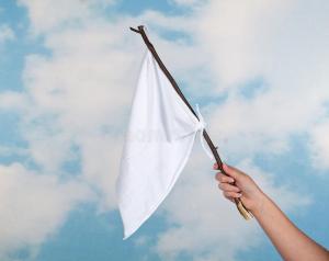 hand waving a white flag against the backdrop of a sky