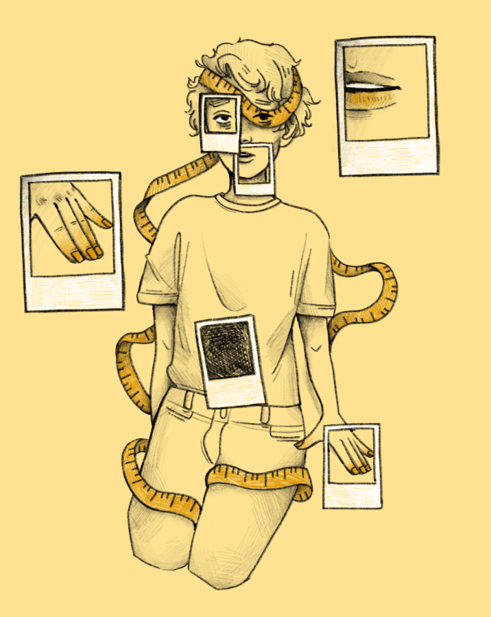 Graphic of a person surrounded with a measuring tape and close up polaroids of their various body parts.