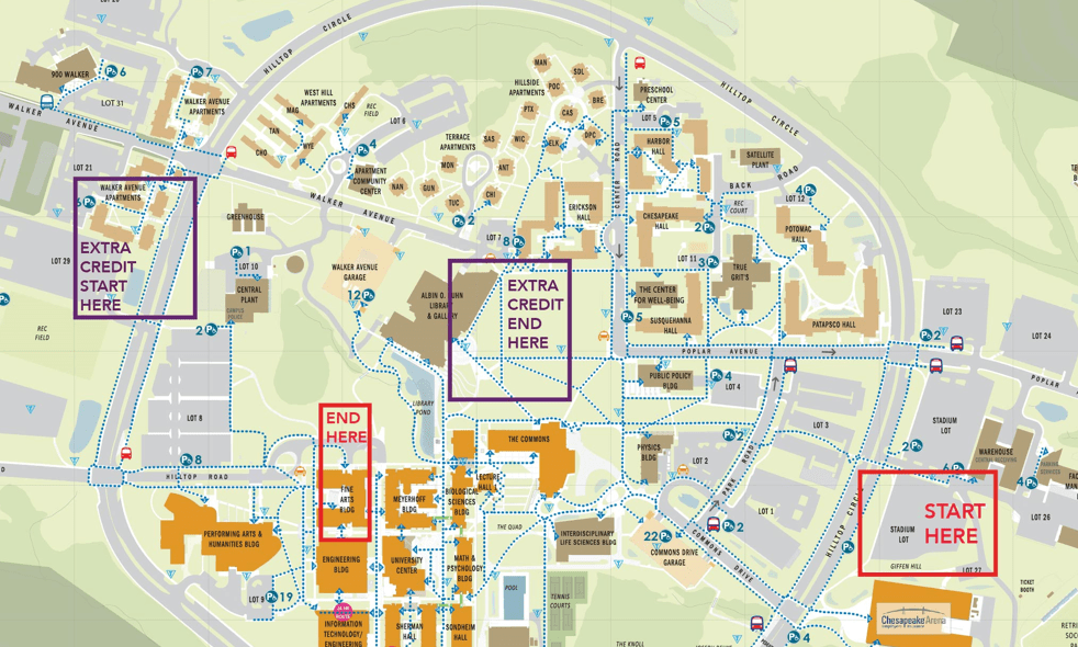 A map of the UMBC campus.  The original overlay is a set of dotted lines indicating accessible routes.  A second overlay has been added demarcating "start here" and "end here" routes of particular difficulty.