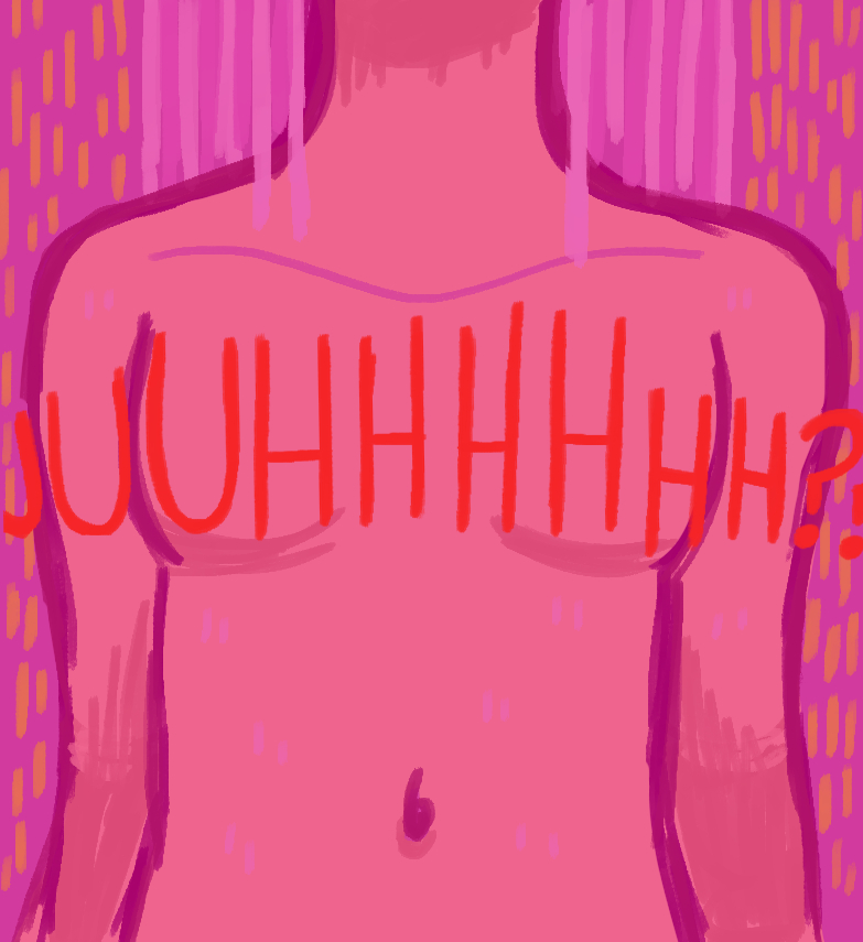 A woman's chest with "UUUHHHHH??" scribbled over her breasts.