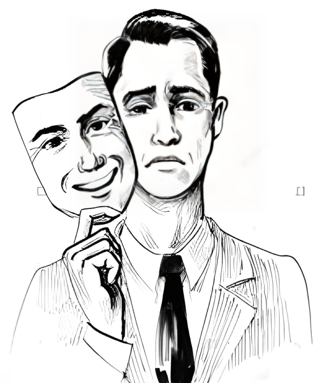 Picture of a man frowning and holding a mask that shows him smiling.