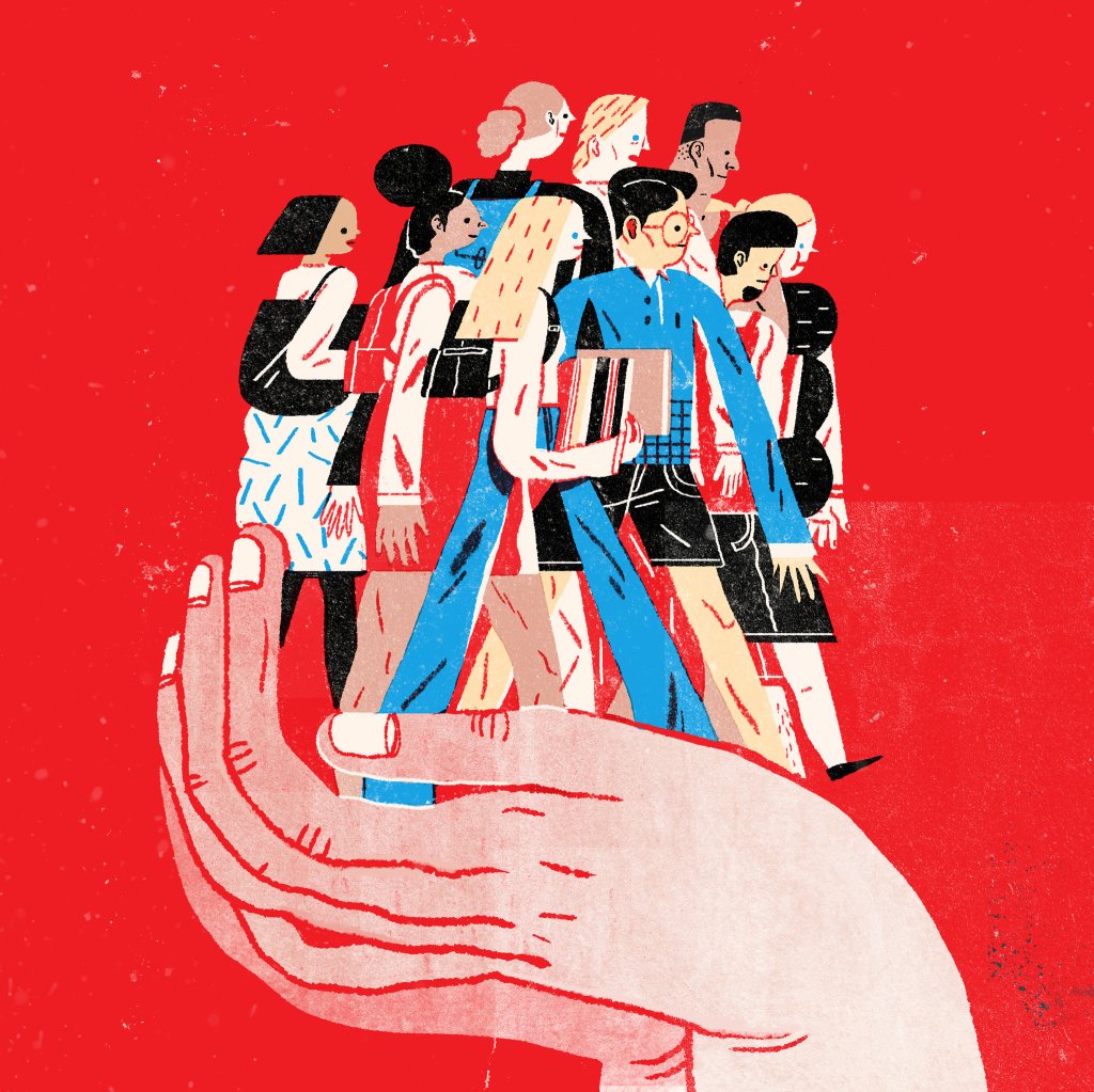 Image from the New York Times opinion piece titled "Affirmative Action Survives Again." It shows white hands holding several multiracial students carrying backpacks and holding books.