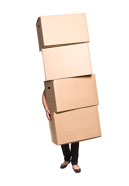 Woman with four boxes isolated on white