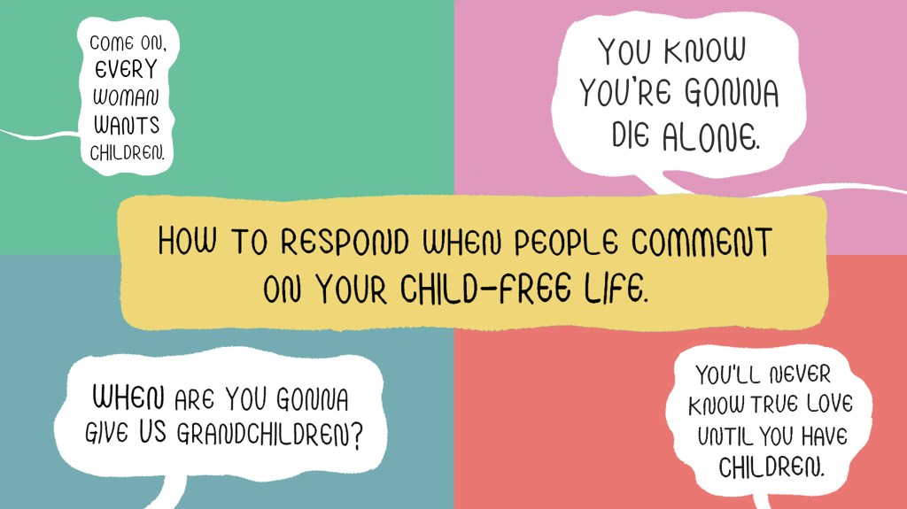 A graphic from NPR that says How to Respond When People Comment on Your Child-Free Life. It has four question bubbles which write "come on every woman wants children" "you know you're gonna die alone" "when are you gonna give us grandchildren" and "you'll never know true love until you have children"