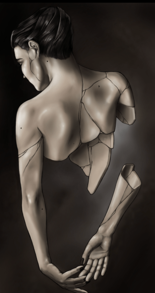 Art illustration of the back torso and slightly turned head of a female with upswept hair. There are large cracks throughout her body and most of her lower body does not exist, as if it has shattered away. One arm is reaching behind to grab the other arm, which has disattached from the body and seems to be falling away.