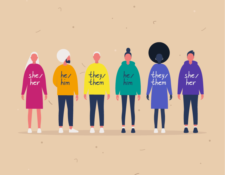 There are 6 different people, each with pronouns on their clothes.