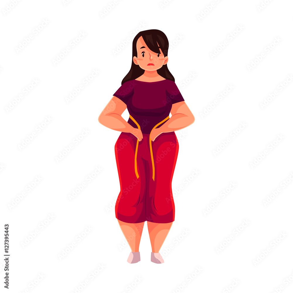 Women wrapping a measuring tape around her, looking sad.