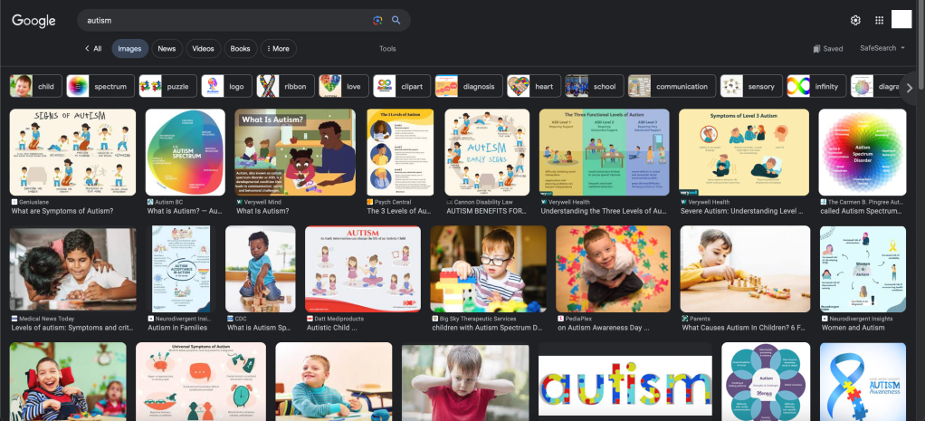 A google search of the word "autism", showing almost exclusively young boys as examples.