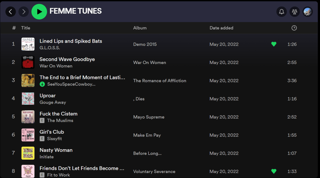 A screenshot of a Spotify playlist called "Femme Tunes"