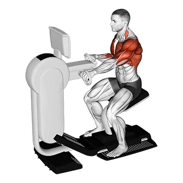 Depiction of a man seated on a stationary hand cycle with the upper arm muscles colored in red.