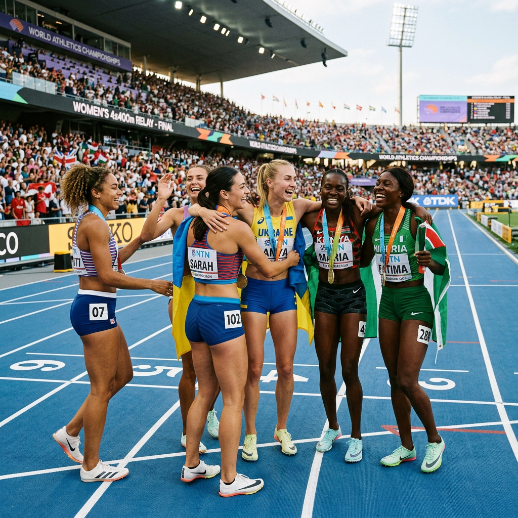 Women’s 4x400m relay finalists celebrating on the track